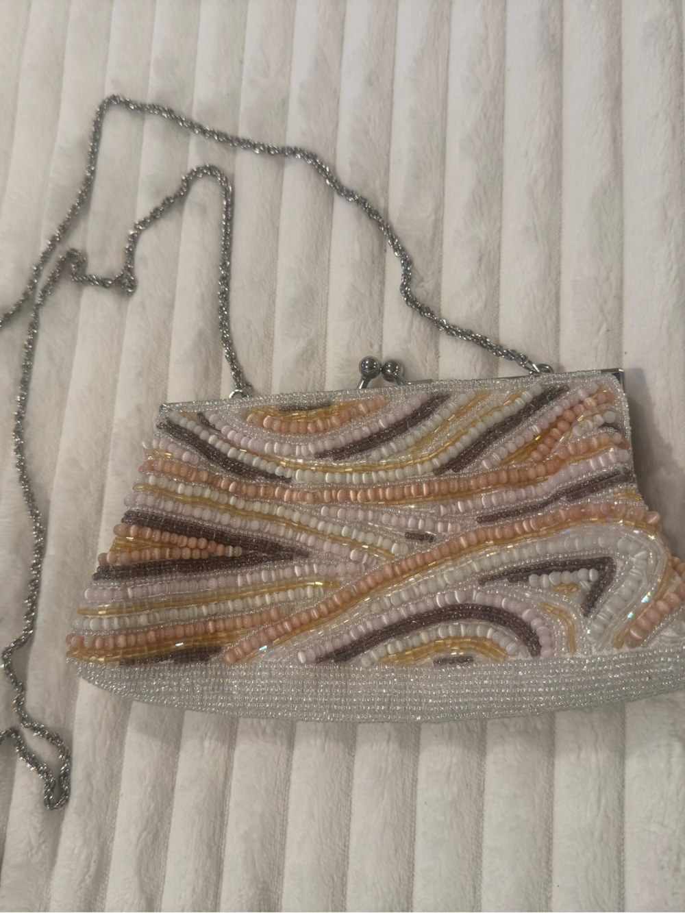 La Regale Beaded Evening Clutch in Ivory, Pink, Peach and Brown - Vintage